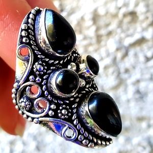 New Black Onyx 925 Silver Statement Ring.